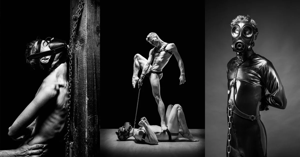 A black and white triptych of contemporary fetish photography by Arjan Spannenburg. The left panel shows a subject in a leather hood against a rustic wooden beam; the center panel features two figures exploring power dynamics and physical tension; the right panel depicts a figure in a full latex suit and gas mask. The series uses chiaroscuro lighting to emphasize anatomical detail and the textures of leather and latex.