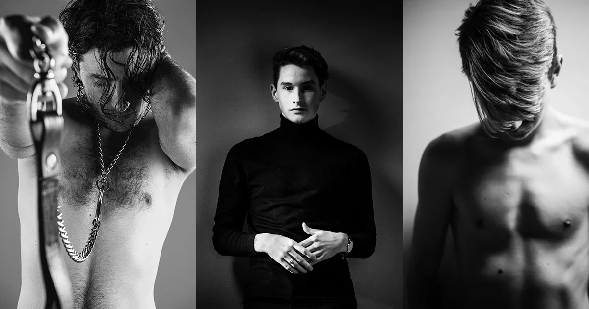 Three standalone black and white portraits by Arjan Spannenburg, showcasing his philosophy of breaking the 'invisible wall' through high-contrast lighting and radical intimacy